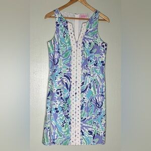 Lilly Pulitzer Mint, Aqua & Lavender Printed Shift Dress with White Lace Trim